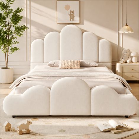 Cama tapizada infantil de 140 x 200 cm, cabecero tapizado, esquinas redondeadas, terciopelo, color beige. (1/5)