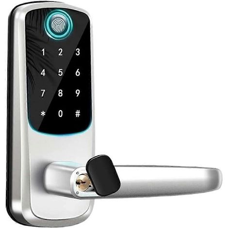 Serrure de porte intelligente avec poignée, compatible avec plusieurs méthodes de contrôle d'accès, notamment l'empreinte digitale biométrique, le contrôle par application, le clavier et le passage de (1/5)