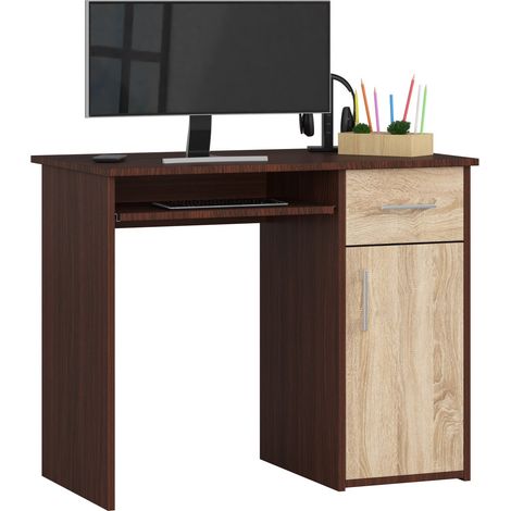 Bureau d'ordinateur AKORD PIN Wengé 90 cm 1 porte 1 tiroir façade Chêne Sonoma 3 étagères 90x50x74 cm (1/5)