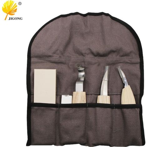 Un ensemble de 5 outils de sculpture sur bois pour sculpter des motifs sur des cuillères en bois, comprenant des couteaux courbes et droits, avec de la cire à huile et un cuir à aiguiser. (1/5)