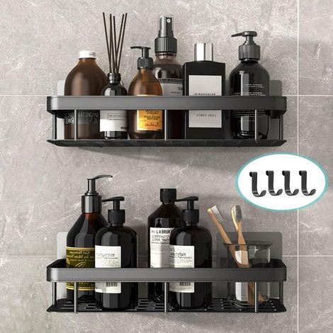 Shelf of shower, shelf of shower, without drilling, capacity of load up to 10 kg, shelf of shower with 4 hooks for towels, brush and shower (1/5)