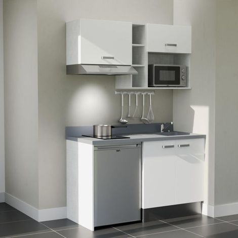 Kitchenette K13L - 140 cm - plan monobloc évier intégré Cromo- évier à droite - Façades Blanc + Electroménager inclus coloris Inox