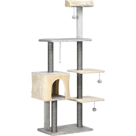 Albero Tiragraffi H156 cm con Lettino e Casetta Pali in Sisal Grigio e Beige (1/5)