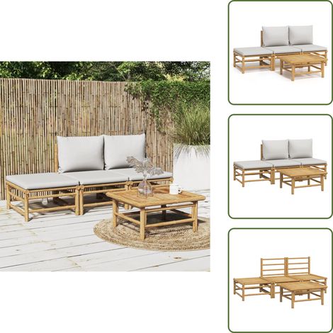 The Living Store Salon de jardin 4 pcs avec coussins gris clair bambou - Canapé de jardin (1/5)