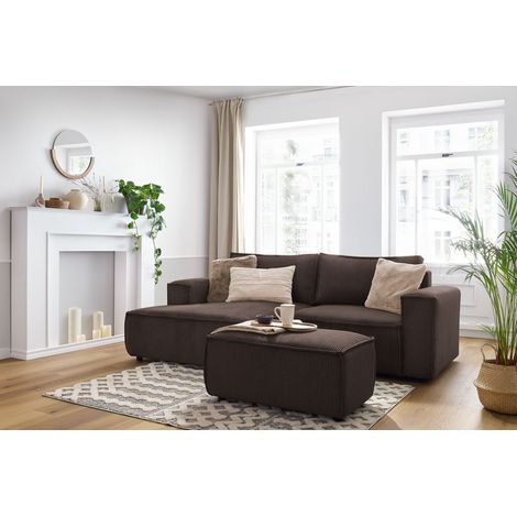 BOBOCHIC - Canapé d'angle fixe compact NIHAD velours côtelé avec pouf Angle gauche Marron (1/5)