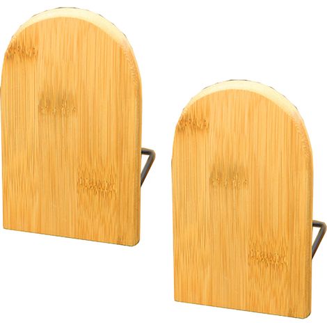 Deux serre-livres en bois au design simple et aux coins arrondis, de petite taille, parfaits pour une utilisation au bureau ou dans un espace de travail.