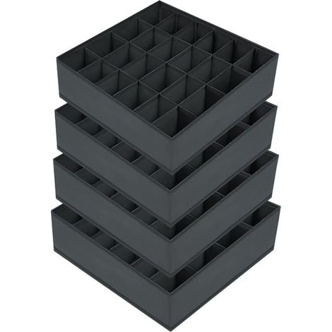 Lot de 4 boîtes rangement - 24 compartiments - Polyester non tissé gris - Pliable et résistant - Pour tiroirs dressing - 33x33x9 cm (1/5)