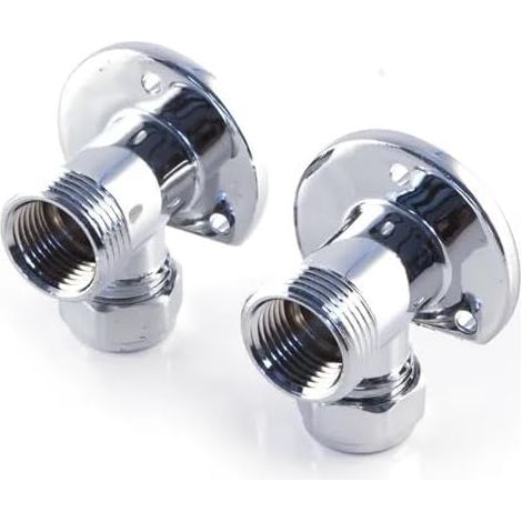 Wallplate Elbow 15mm x 3/4'' Pair - Chrome Exposed Wall Plate Shower Fixing for Thermostatic Shower Bars Complete with 15mm Compression Nut and Olive for Chrome Pipe (1/3)