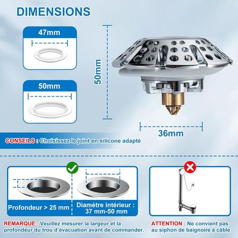 Tappo per lavabo 3 in 1 con filtro in acciaio inox - Tappo per lavabo da 37-50 mm - Nucleo a sfera in ottone - Cromato (1/4)