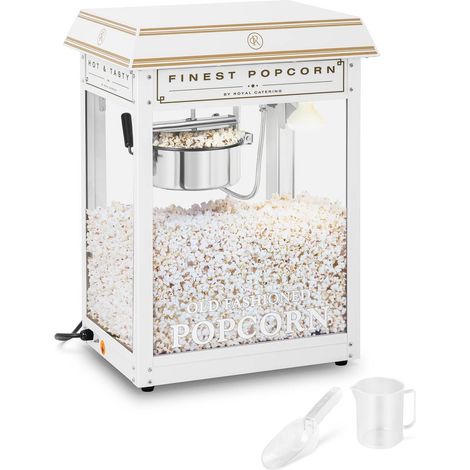 Royal Catering – Machine à popcorn 1600 W – Capacité 5-6 kg/h – Température 220-270 °C – Design rétro blanc et or – Vitres en verre trempé