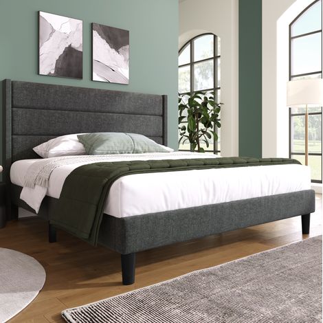 Cama matrimonio tapizada con somier 140x200 lino gris OKMYHOME (1/5)