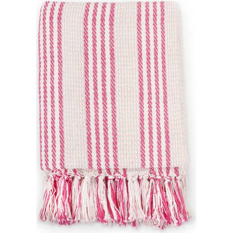Couverture coton à rayures 220x250 cm Rose et Blanc (1/5)
