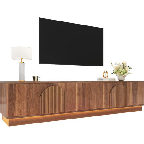 Mobliva Meuble TV avec portes cintrées rainurées, système d'ouverture par simple pression, bandeau LED multicolore au sol, meuble TV autoportant pour salon (1/5)