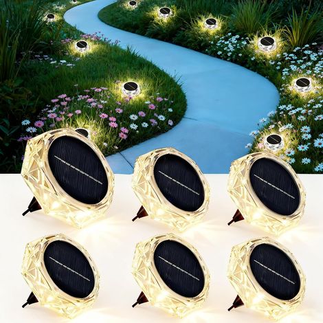 Lot de 6 Lampe Solaire Exterieur Au Sol, 8 LED Jardin Lumiere Solaire Extérieur, Lumière Solaire IP65 Étanche Longue Durée de Vie, Spot Solaire pour Chemins Pelouse Allée Terrasse, Blanc Chaud, 5.5 × (1/5)