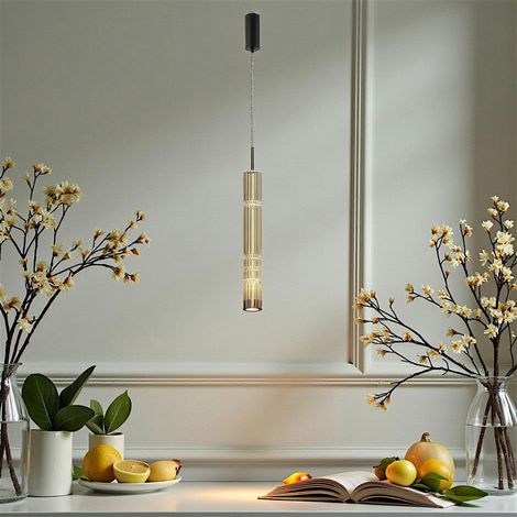 Suspension design LED – abat‑jour verre taillé ambré SOLANA (1/4)