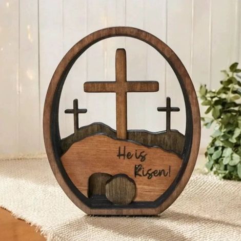 Croix En Bois - Décor De Pâques Pour Étagère - Pièce Artistique Religieuse - 13 x 11 x 2,5 cm - 1 pièce (1/5)