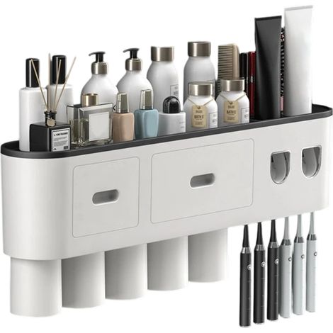 Porte-brosses à dents créatif, gobelet pour brosse à dents sans trou, rangement mural pour toilettes, presse-dentifrice automatique (1/5)