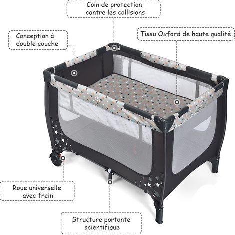 Lit parapluie pour bébé avec matelas, roues, sac de transport, parc pour bébé 0-36 mois, charge max : 15 kg (1/5)