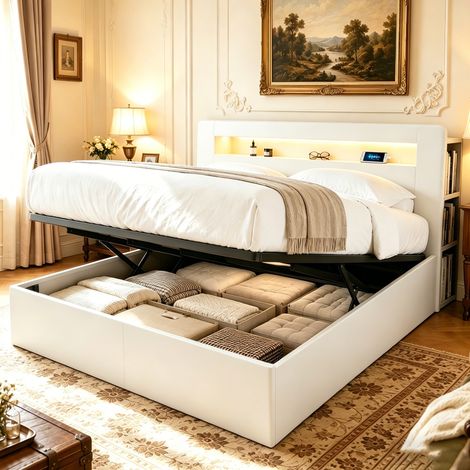 lit adulte rangement 180x200 bois blanc multifonction HAVRYA (1/5)