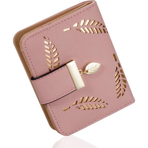 Portefeuille court zippé en cuir avec feuilles découpées (rose)