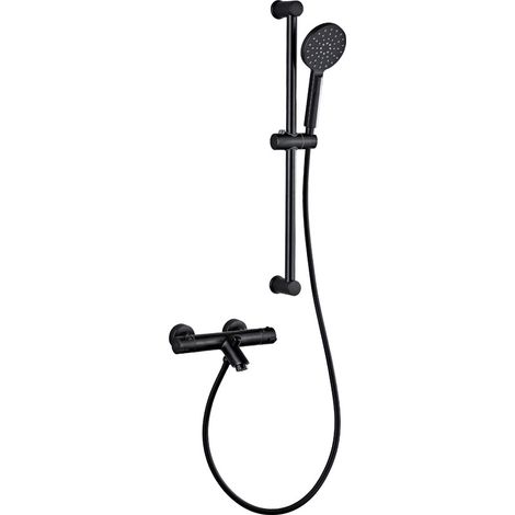 Colonne de douche thermostatique murale pour baignoire, kit de douche avec barre, douchette ronde multifonction effet pluie et massage, mitigeur en laiton massif, jet renforcé par injection d’air, fin (1/5)