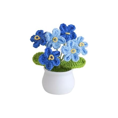 Ensemble de 2 ornements fleurs en coton tricoté main – Décoration intérieure fleurs artificielles – Bouquet crocheté myosotis dégradé bleu (1/5)