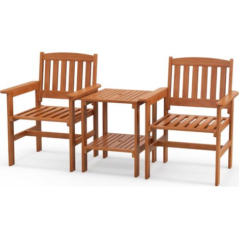 Set da tavolo e sedie per patio 3 pezzi, Set da seduta da esterno in legno con tavolo e foro per ombrellone 62,5x60x88cm (1/5)