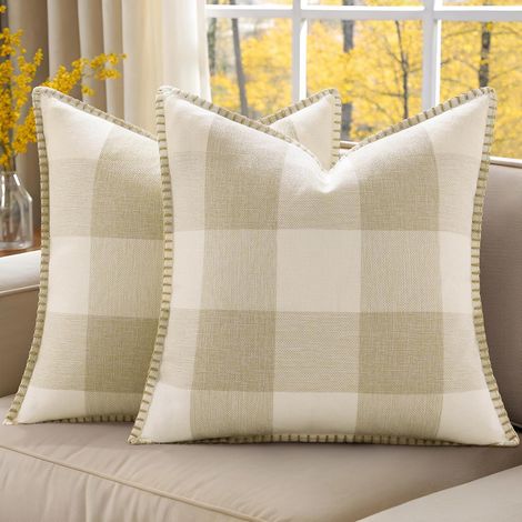 Lot de 2 housses de coussin décoratives à carreaux 45 x 45 cm en lin style ferme avec bordure cousue pour lit canapé canapé beige (1/4)