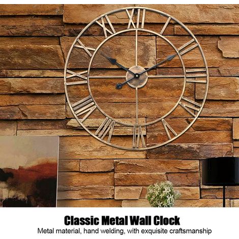 Große runde Wanduhr aus Metall mit römischen Ziffern, goldfarben, 60 cm Durchmesser (1/5)