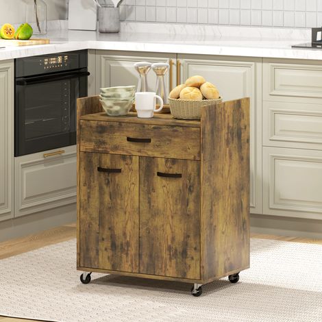 Mikrowellenwagen mit Schublade und Schrank, Kücheninsel aus Holz mit 4 Rollen und verstellbarem Regalboden, 60 x 40 x 77 cm, rustikales Braun