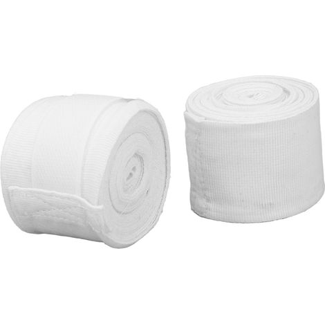 Lot de 2 bandes de boxe en coton de 5 m, séchage rapide, semi-élastiques, fermeture auto-agrippante, blanches. Idéales pour le kickboxing et la boxe thaï. (1/5)