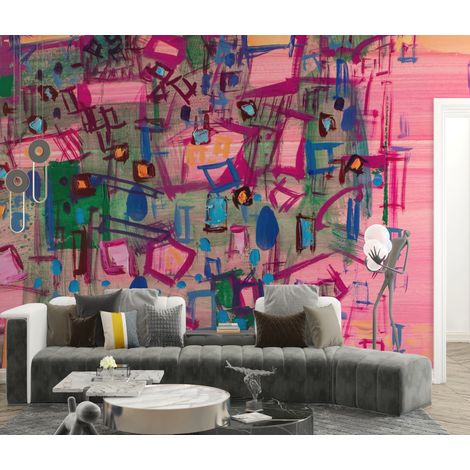 Papier peint graffiti - motifs urbains abstraits roses et bleus - 150 x 250 cm (1/2)