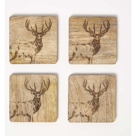 HOMESCAPES Wooden Coaster Set with Stag Design, Set of 4 (1/5)