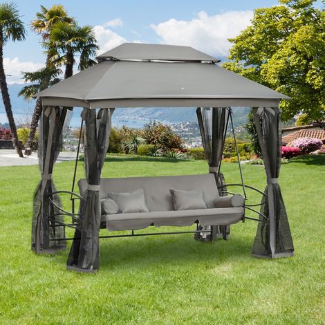 Balancelle de Jardin 3 Places Convertible Style Colonial Grand Confort 5 Coussins Matelas + + moustiquaires Inclus 2.56L x 1.72l x Gris
