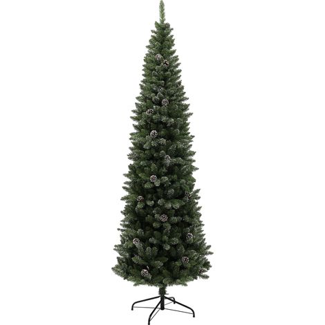 Albero di Natale Innevato Slim Alto 225 cm con 980 Rami Pigne e Base in Acciaio Verde (1/5)