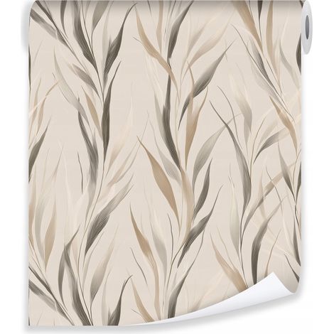 Papier peint herbe feuilles boho beige sur molleton mur salon chambre coucher (1/3)