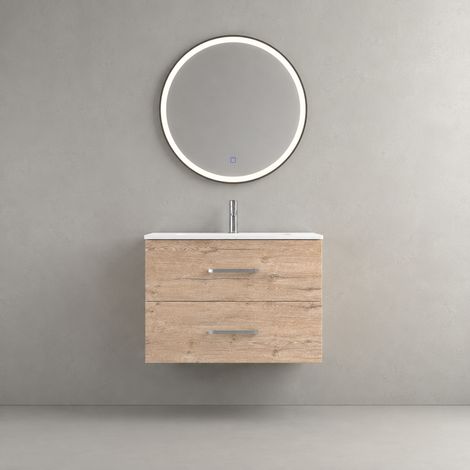 Meuble de salle de bain suspendu 100 cm TEIDE 2 tiroirs avec lavabo en résine et miroir rond LED - Nature