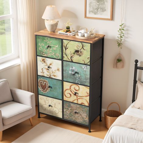 Kommode 67 cm mit 8 Schubladens, Schubladenschrank mit Metallrahmen und Holzplatte, Bohème-Stil Aufbewahrungsschrank, für das Wohnzimmer, Schlafzimmer und Esszimmer, Vintage-Muster (1/5)