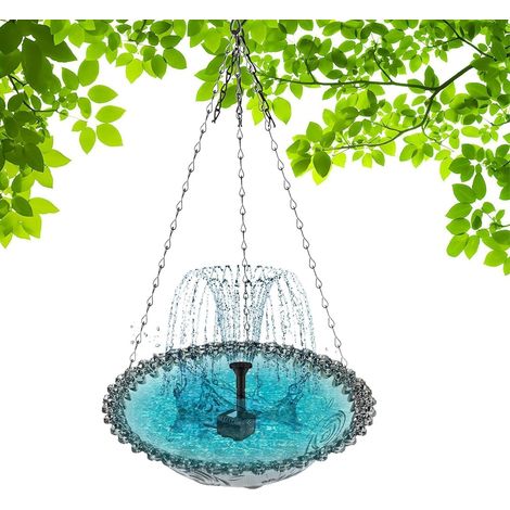 Bain d’Oiseaux Solaire à Suspendre, 2 en 1 Abreuvoir et Mangeoire pour Oiseaux, avec Fontaine Solaire, Coupelle en Plastique et Chaîne en Métal, pour Jardin, Balcon, Terrasse et Cour (Gris) (1/5)