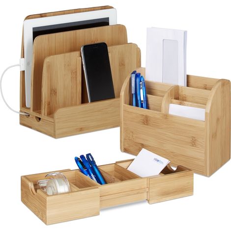 ensemble de 3 organisateurs de bureau en bambou, boîte de fiches, station de charge pour smartphones, courrier, naturel (1/5)