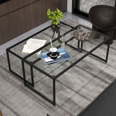MEUBLIV Table basse 2 pièces 119 x 56 x 44,5 cm noir – plateau en verre empilable (1/5)