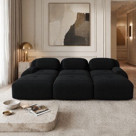 Canapé modulable 3 plazas con 3 pufs de terciopelo acanalado, sin armazón, negro DESVIAE (1/5)