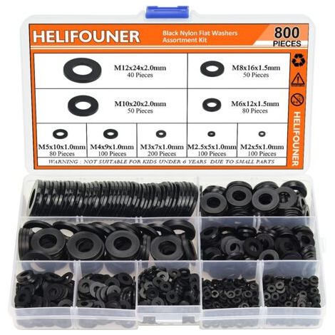 Assortiment de 800 rondelles plates en nylon noir - 9 tailles - M2 M2,5 M3 M4 M5 M6 M8 M10 M12 (1/5)