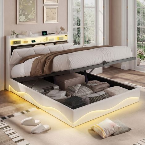 Lit double 140x200 cm lit coffre hydraulique tissu beige tête de lit LED RGB ports USB-C sommier à lattes pour chambre adulte ado petit appartement sans matelas
