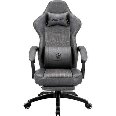 Gaming Stuhl mit Federkissen, Massagefunktion, Fußstütze und Lendenstütze in Grau (1/5)