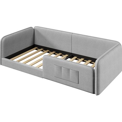 Cama plataforma 90x200 cm en lino gris con acolchado de espuma y almacenamiento lateral HOMVRA (1/5)