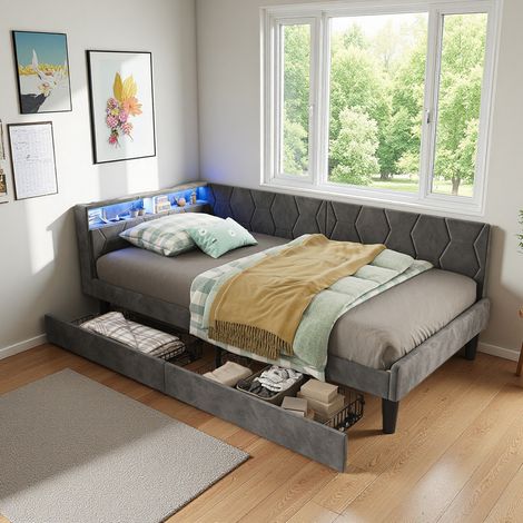 lit simple 90x200 cm avec tiroirs, canapé-lit avec ports USB et Type-C et LED RGB, tête de lit capitonné avce rangement, velours, gris (1/5)