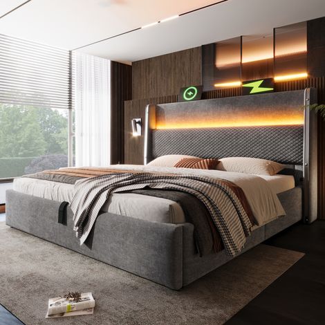 Cama doble 180/200 cm gris con canapé hidráulico, LED, USB/Type-C y colchón H3 (1/5)