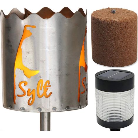 Torche de jardin Sylt, brasero en métal avec poignée, lampe solaire LED à combustible, lumière solaire