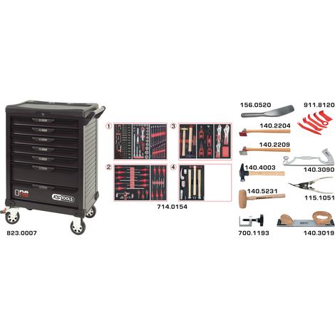KS Tools - Servante OnebyOne 7 tiroirs composée d’outils pour la carrosserie, 166 pièc823.7154 (1/4)
